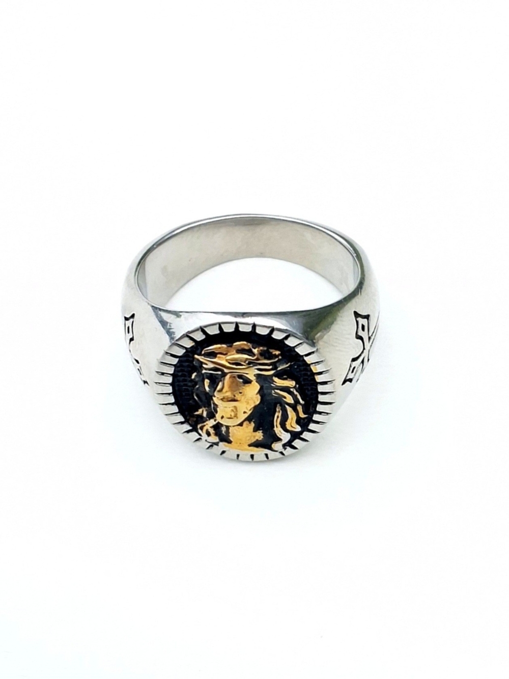 316L Stainless Steel Oval Jesus Head Signet Ring - Silver/Gold (Size 11)